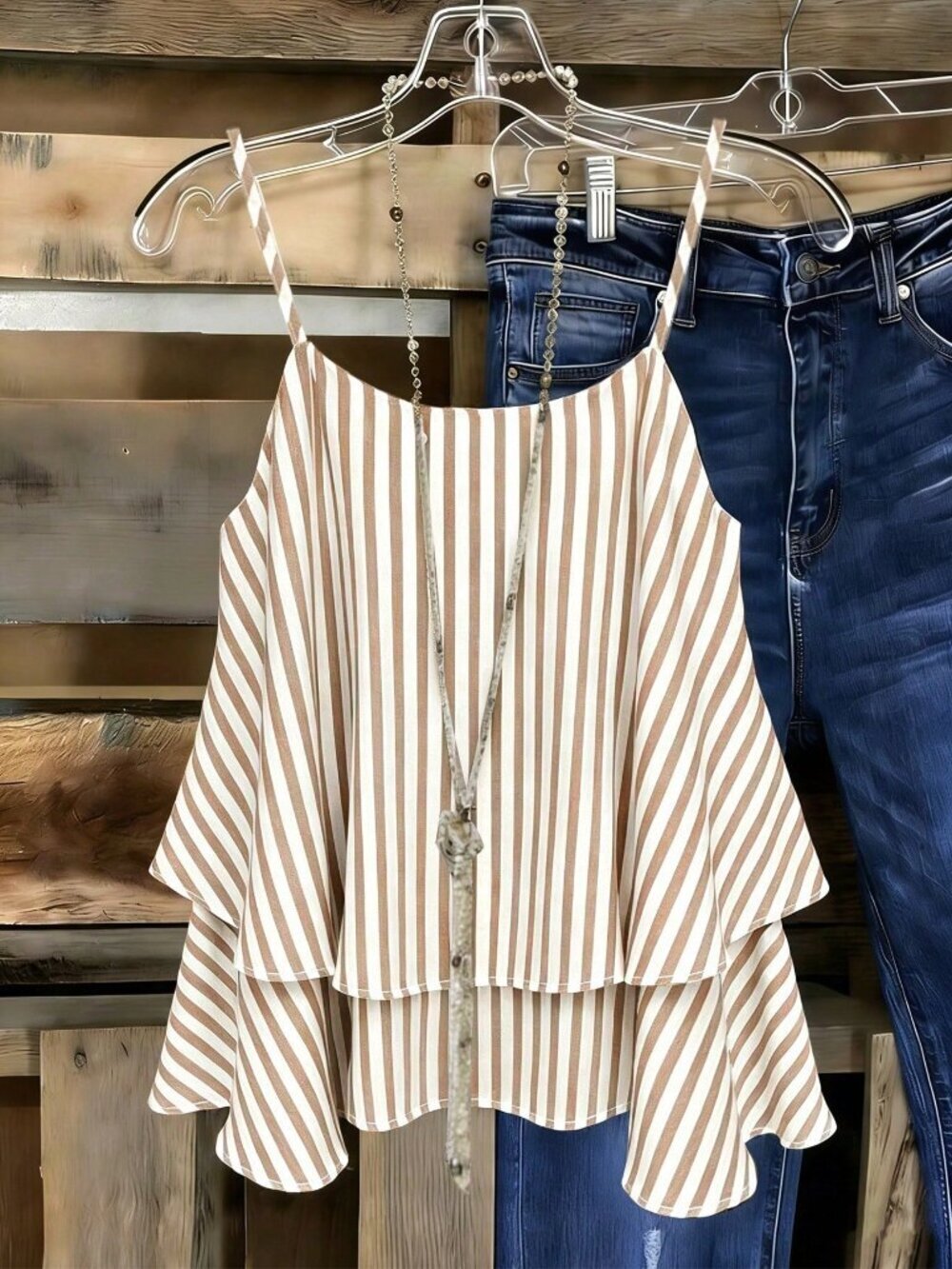 Apricot Casual Boho Women's Tiered Striped Tank Top